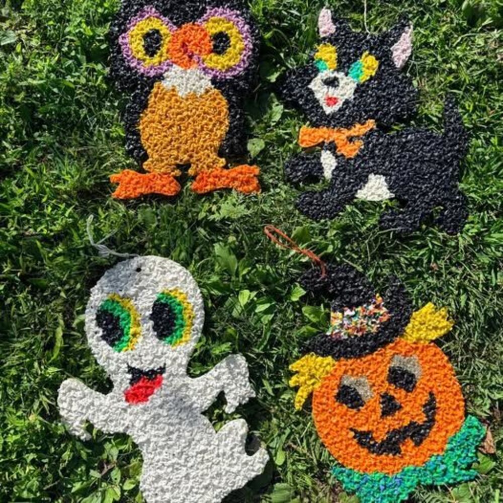VTG Set of 4 Melted Plastic Popcorn Halloween Pumpkin Ghost Cat & Owl Hanging